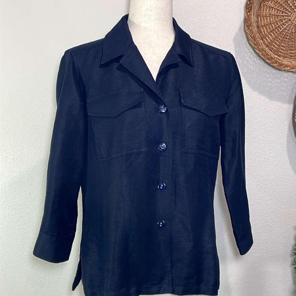 Navy Blue Linen Button Up Shirt Blazer Jacket Emma James Liz Claiborne Size 8